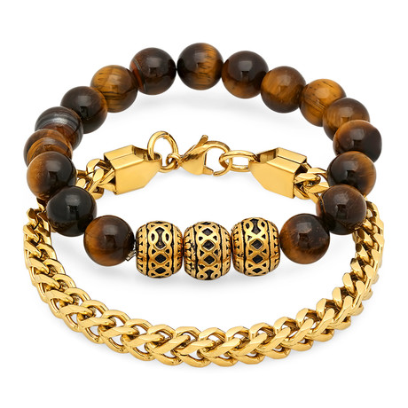 Beaded Box Chain Bracelets // Tiger Eye + Gold // Set of 2