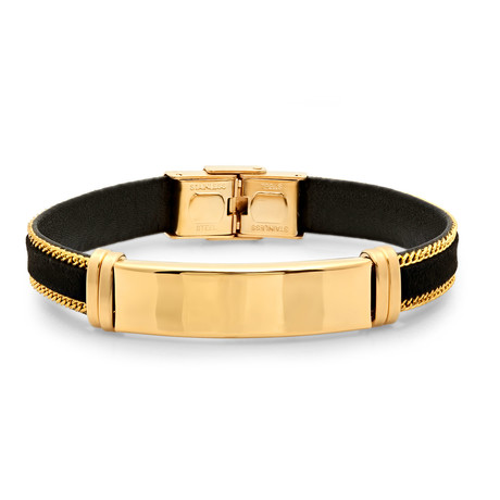 Leather Stainless Steel Bracelet // Black + Gold