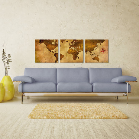 Old World Map Triptych (Medium: 12"L x 12"W Panels)