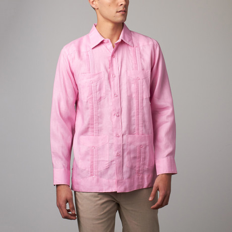 Checker Long-Sleeve Guayabera // Pink (S)