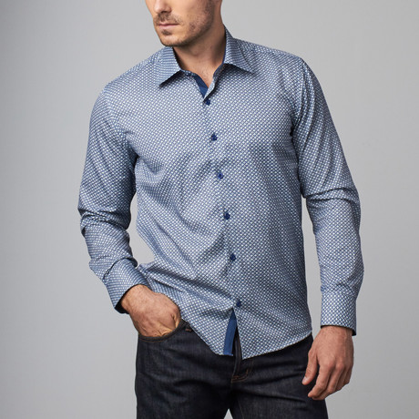 Amedeo // Reversible Cuff Dress Shirt // Blue + White Circles (S)