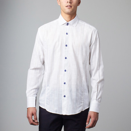 Bespoke Moda // Long Sleeve Button Down Jacquard Shirt // White Check (XL)