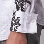 Long Sleeve Button Down Shirt // White + Black Floral (2XL)