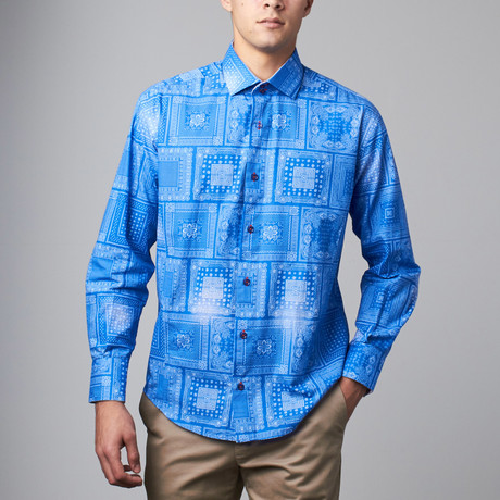 Bespoke // Long-Sleeve Button-Down Paisley Shirt // Blue (S)