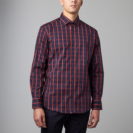 Bespoke Moda // Long Sleeve Button Down Jacquard Shirt // Red + Blue Grid (L)