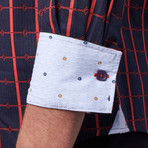 Bespoke Moda // Long Sleeve Button Down Jacquard Shirt // Red + Blue Grid (L)