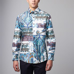 Bespoke Moda // Long Sleeve Button Down Shirt // White Print (M)