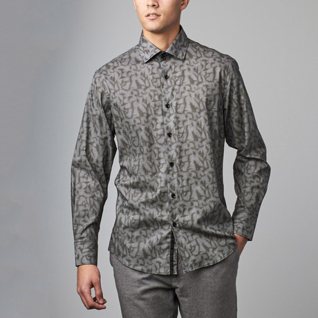 Bespoke // Long-Sleeve Button-Down Print Shirt // Sage + Grey (S)