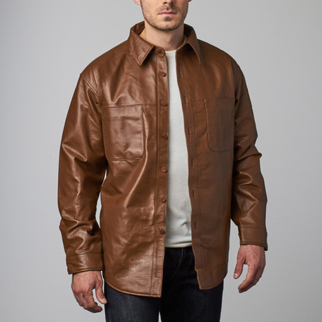 Relaxed Leather Shirt Jacket // Caramel Brown (M)