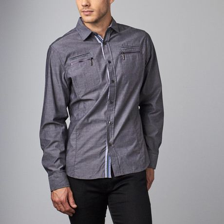 Long-Sleeve Zip Pockets Woven Button-Up // Grey (S)