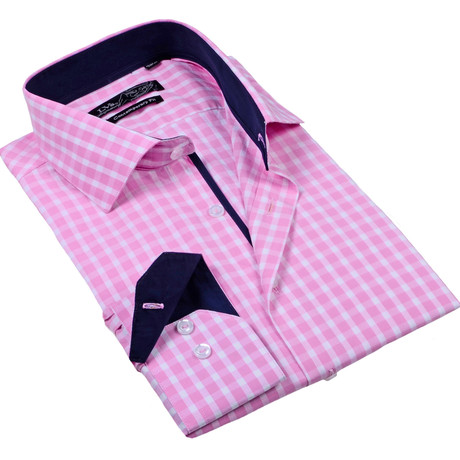 Plaid Button-Up Dress Shirt // Pink + Navy (2XL)
