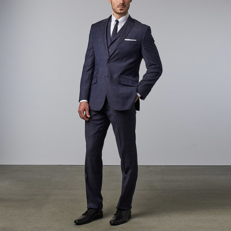 Window Pane Notch Lapel Vested Suit // Blue (US: 40L)