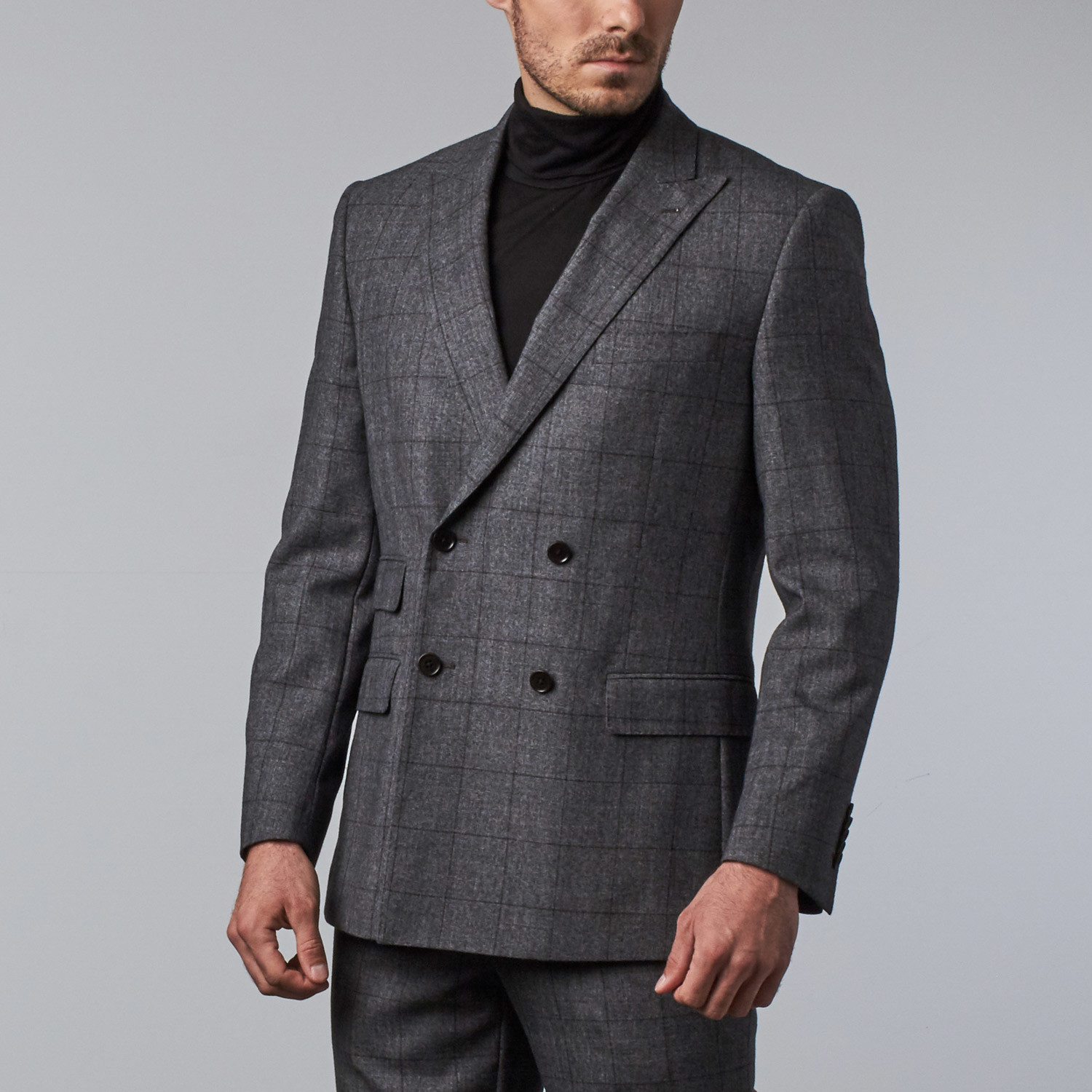 Windowpane Double Breasted Peak Lapel Suit Grey Us 36r English Laundry Touch Of Modern 