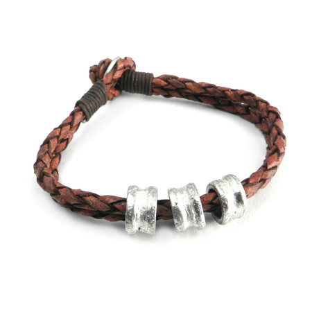 Double Row Leather + Bead Bracelet // Brown + Silver