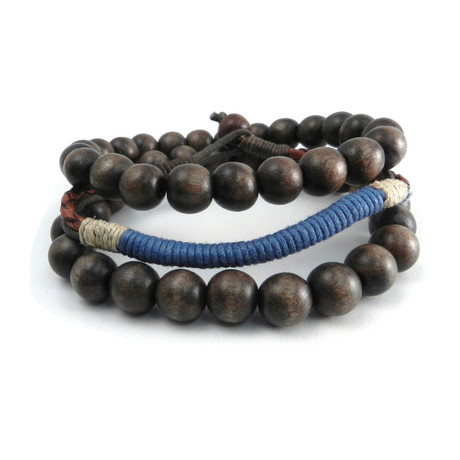 Bead + Leather Wrap Bracelet // Brown + Blue // Set of 3