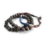 Bead + Leather Wrap Bracelet // Brown + Blue // Set of 3
