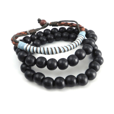 Bead + Leather Wrap Bracelet // Black // Set of 3