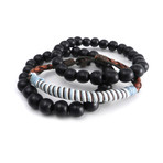 Bead + Leather Wrap Bracelet // Black // Set of 3