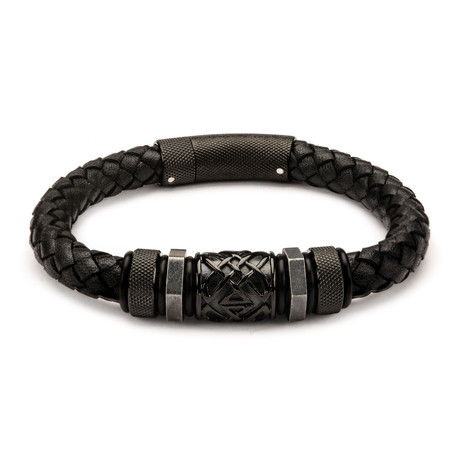 Braided Leather + Steel Beads Bracelet // Black