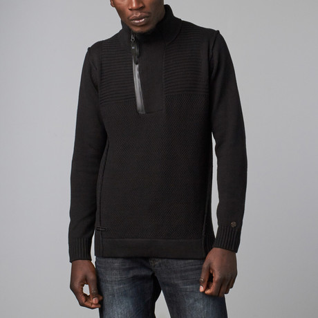 Mixed Texture Zip Henley Pullover // Black (S)