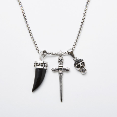 Black Onyx Spear + Cross + Skull Pendant