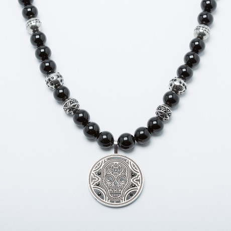 Black Onyx Bead + Skull Coin Pendant
