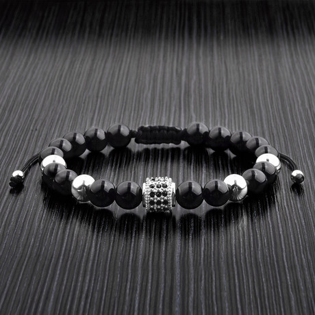 Stainless Steel Beaded Bracelet // Black Polished Onyx + Stainless Steel