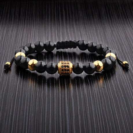 18K Gold Beaded Bracelet // Stainless Steel + Black Polished Onyx