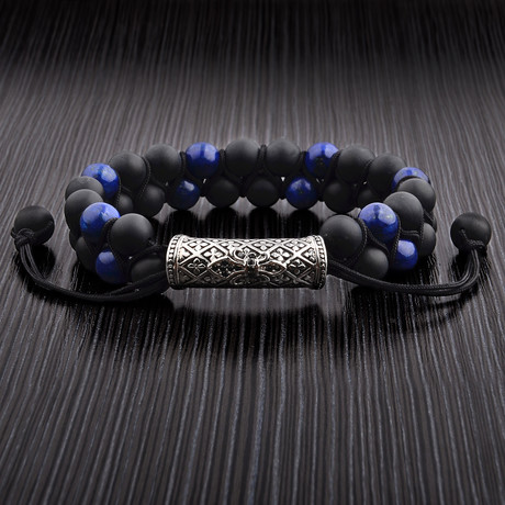 Stainless Steel Beaded Bracelet // Lapis Lazuli + Black Matte Onyx