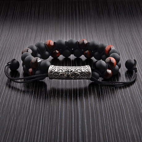Tiger Eye + Onyx + Engraved Charm Beaded Bracelet // Red + Black + Silver