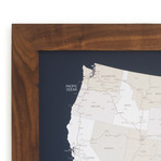 Push Pin United States Map + Walnut Frame // Navy (100 Pins // White)