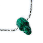 Dell Arte // Malachite Stone Skull Pendant Necklace // Green