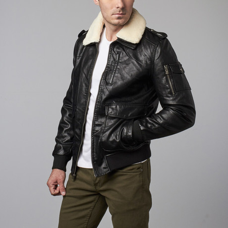 Shearling Collar Aviator Jacket // Black (S)