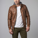 Ribbed Detail Faux Leather Jacket // Tan (M)