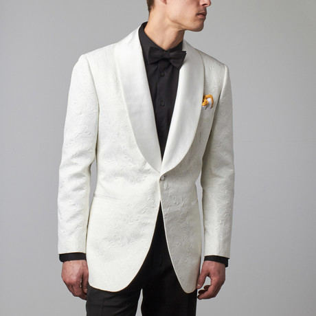 Paisely Dinner Jacket + Pocket Square // White + Mustard Yellow (US: 36S)