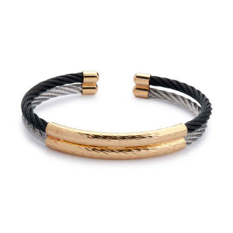 Wire Cable Cuff Bracelet // Black + Silver + Gold