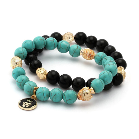 Turquoise + Onyx Buddha // Mala Bracelet Set