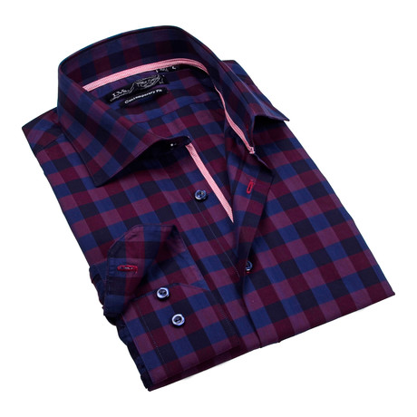 Button-Up Dress Shirt // Navy + Burgandy Plaid (S)