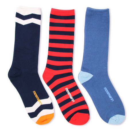 Zags + Stripes + Solids Sock Pack // Blue + Red + Navy // 3-Pack (Size: 41-46 (Euro))