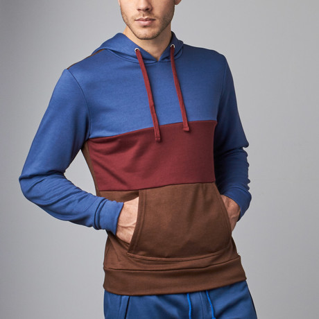Zarctic Tri-Color Hooded Sweatshirt // Blue + Maroon + Brown (S)
