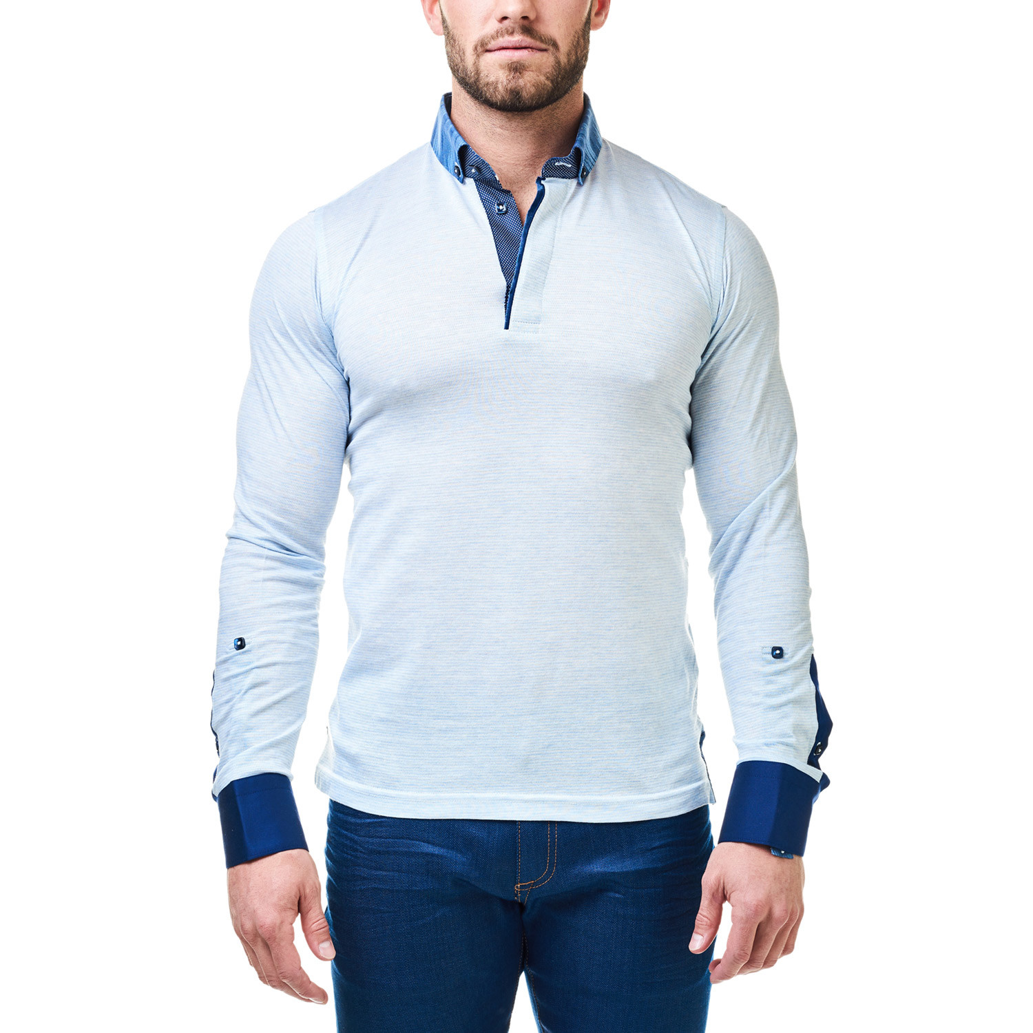 Long-Sleeve Polo // Light Blue + Blue (S) - Maceoo - Touch of Modern