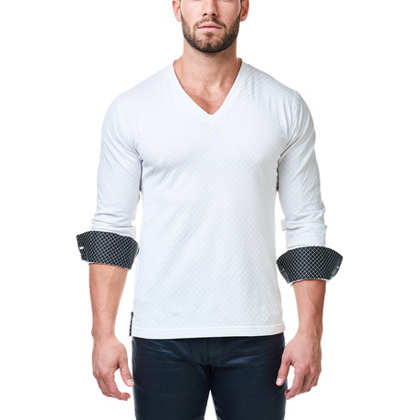 V-Neck Jacquard Square Dress Shirt // White + Black (XS)