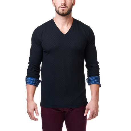 V-Neck Jacquard Square Dress Shirt // Black + Blue (XS)
