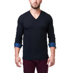 V-Neck Jacquard Square Dress Shirt // Black + Blue (L)