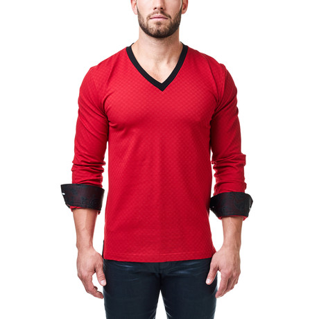 V-Neck Jacquard Square Dress Shirt // Red + Black (XS)