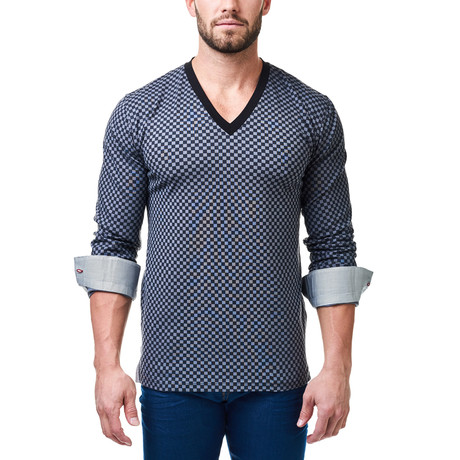 V-Neck Jacquard Square Dress Shirt // Grey (S)