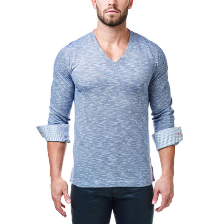 V-Neck Wavy Dress Shirt // Blue (XS)