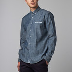 Hatched Floral Trimmed Button-Up Shirt // Navy (M)