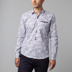 Geo Daisy Button-Up Shirt // White + Blue (L)