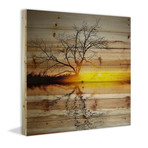 Golden Sunset Lake Print on Natural Pine Wood (12"H x 12"W x 1.5"D)